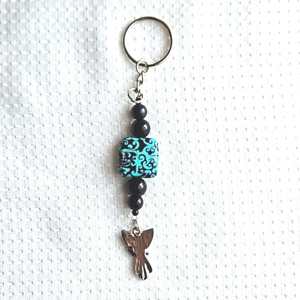 Hand Crafted Silver Angel Black Blue Beaded Keychain